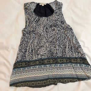 Flowing patterned top with sheer back and bow, S